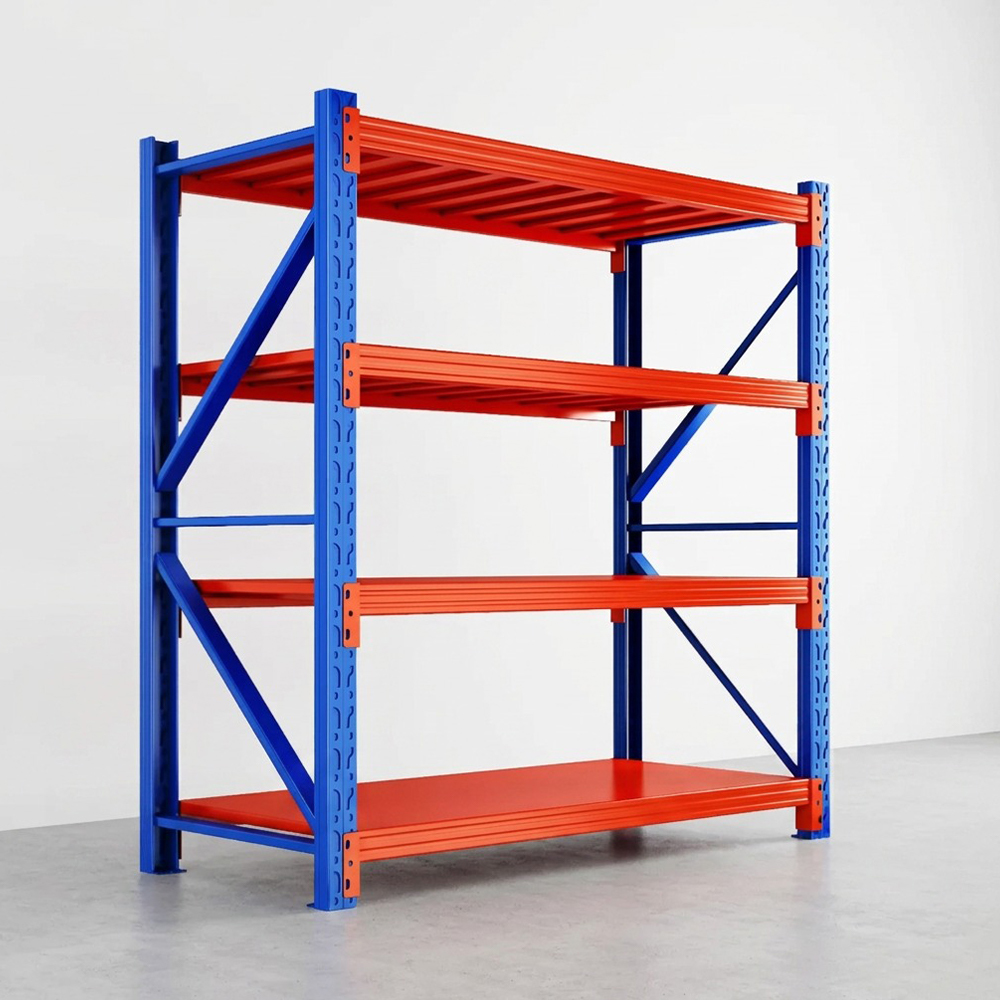 Prateleira de armazenamento de aço para serviços médios de 4 camadas azul laranja Prateleira de armazenamento de aço para serviços médios de 4 camadas azul laranja